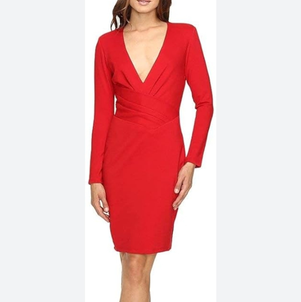 Adeline‎ Rae Deep Vneck Red Knee Length Dress Size XS